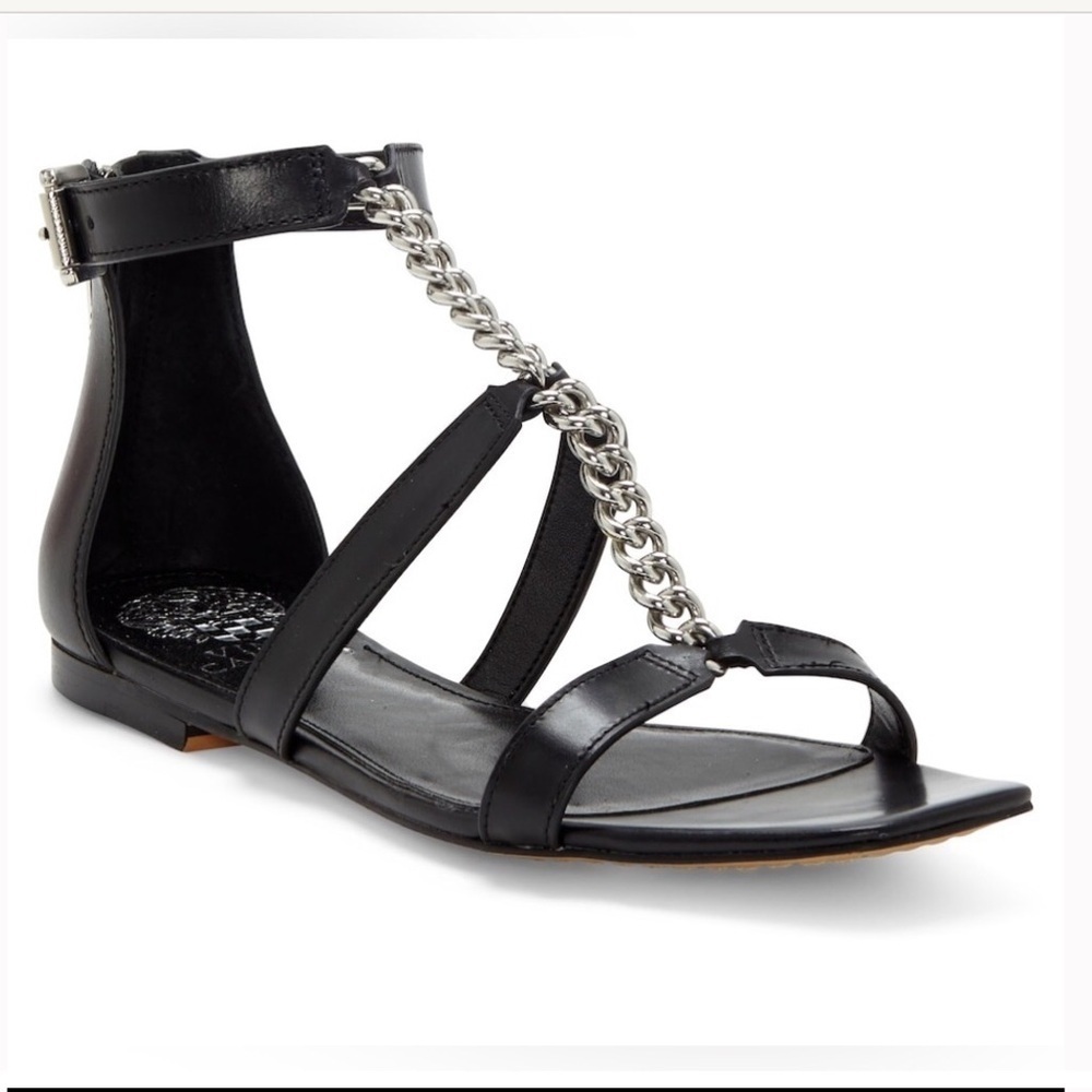 Vince Camuto black sandals Leather with silver chain Sz 6